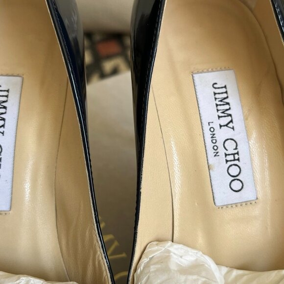 Jimmy Choo MEI Navy Patent Leather Almond Toe Pump Heels - Picture 15 of 15